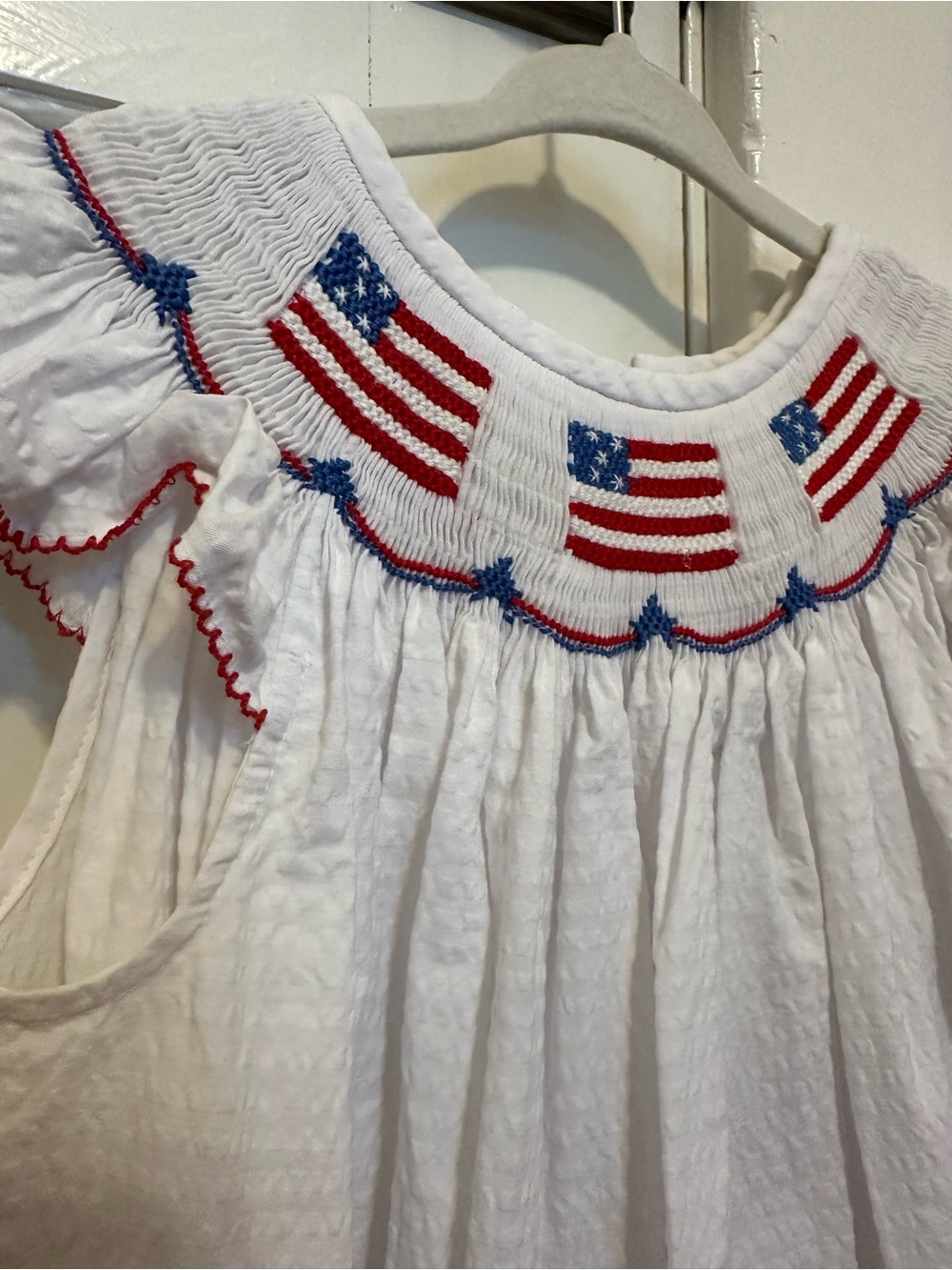 5T Smocked American Flag Bishop Dress - red/white/blue